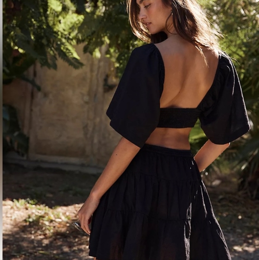Free People Cross Of Sunshine Dress Black  Linen Size L - Picture 3 of 8
